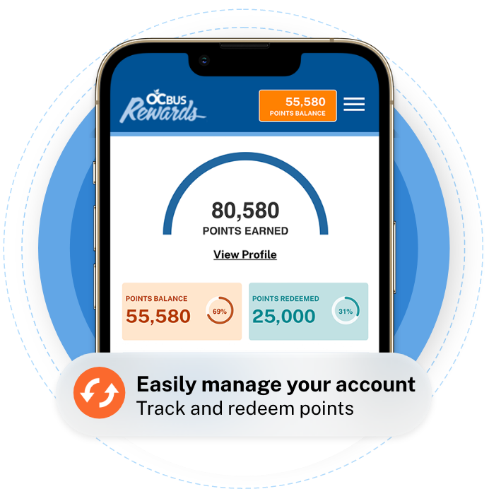 Through your OC Bus Rewards account you can easily manage your account, track and redeem points.