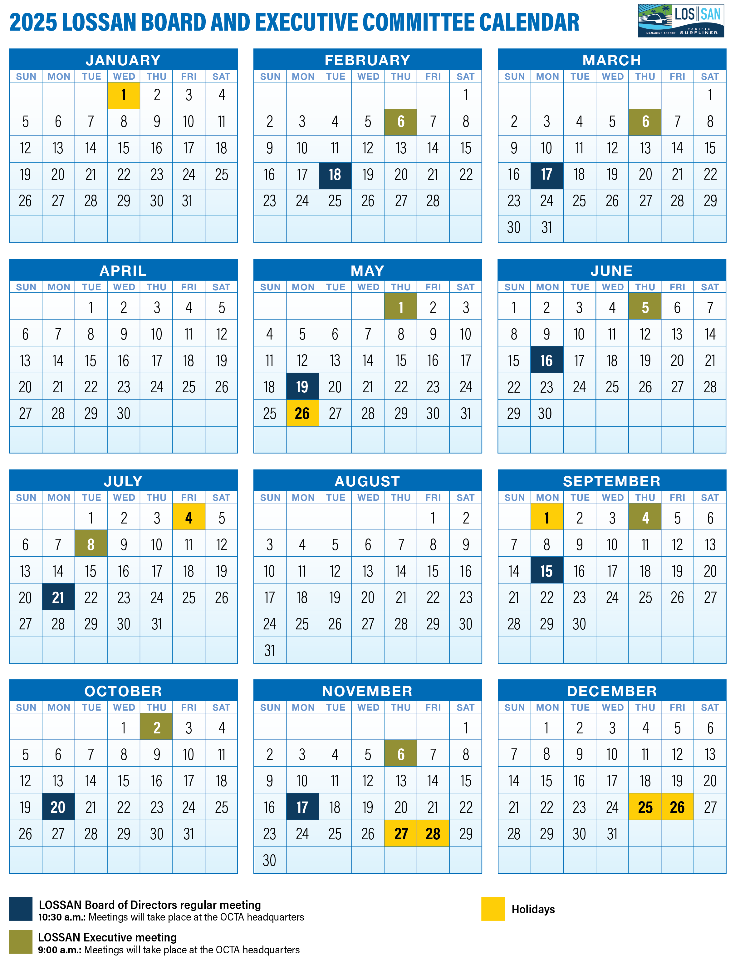 2025 LOSSAN Exective and Board Meetings Calendar