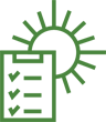 A green icon of a rising sun paired with a checklist