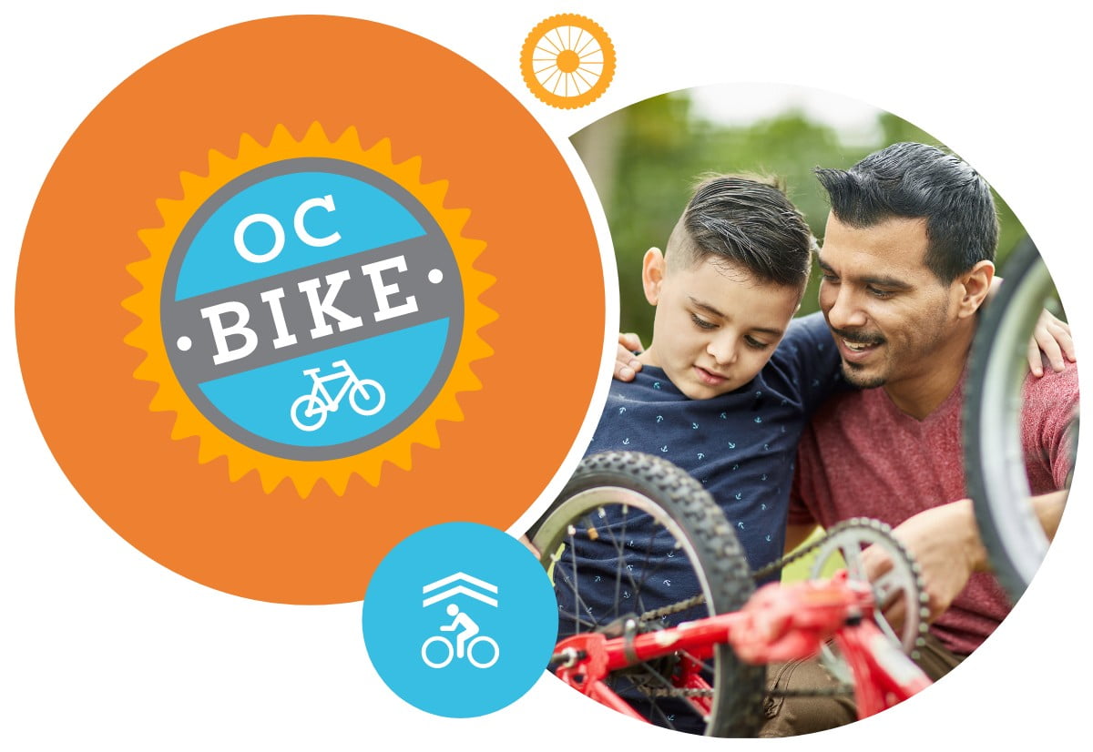 A badge for OC BIke paired with image of a man and young boy working on a bike