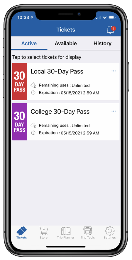 OC Bus app screen showing various pass options