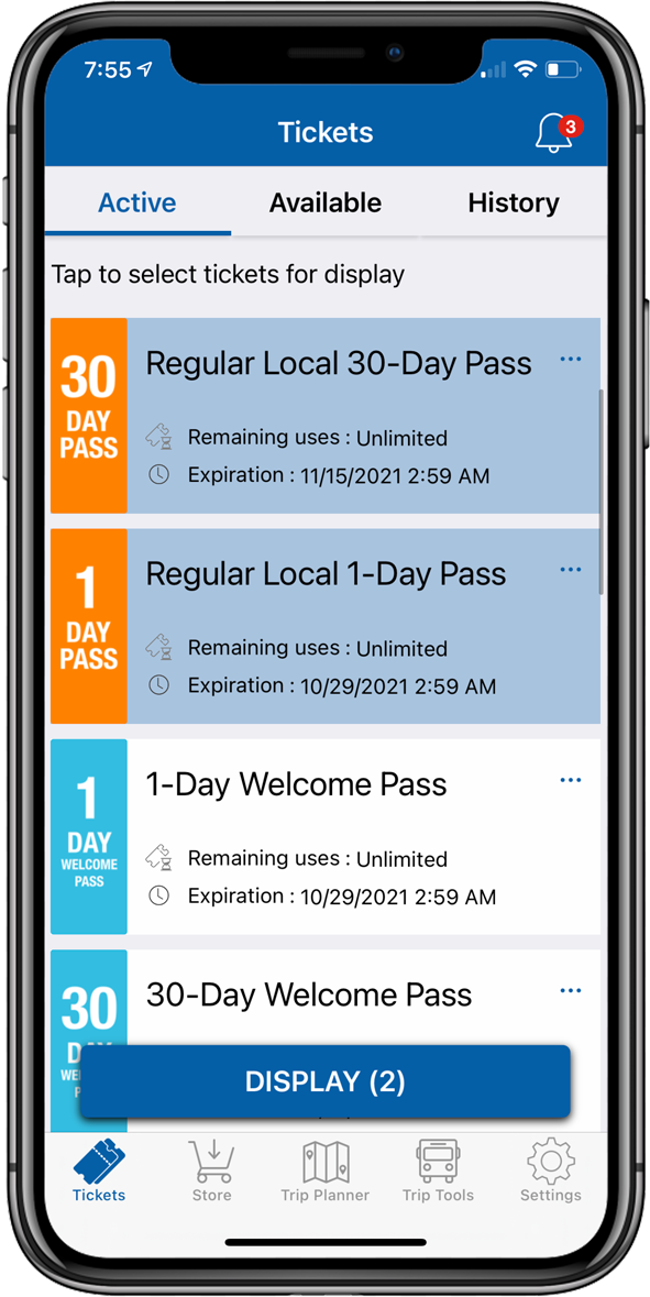 An OC Bus app screen showing various pass options