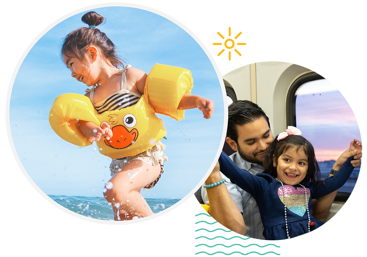 girl playing in water and father and daughter on train